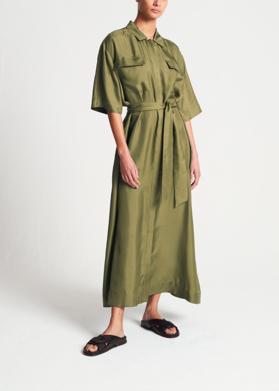 Women ASCENO Dresses Amina Khaki Silk Twill Dress Silkpyjamasale