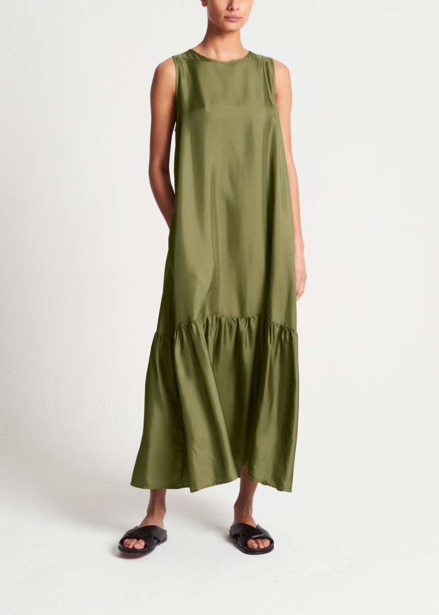 Women ASCENO Dresses Rhea Khaki Silk Twill Dress Silkpyjamasale